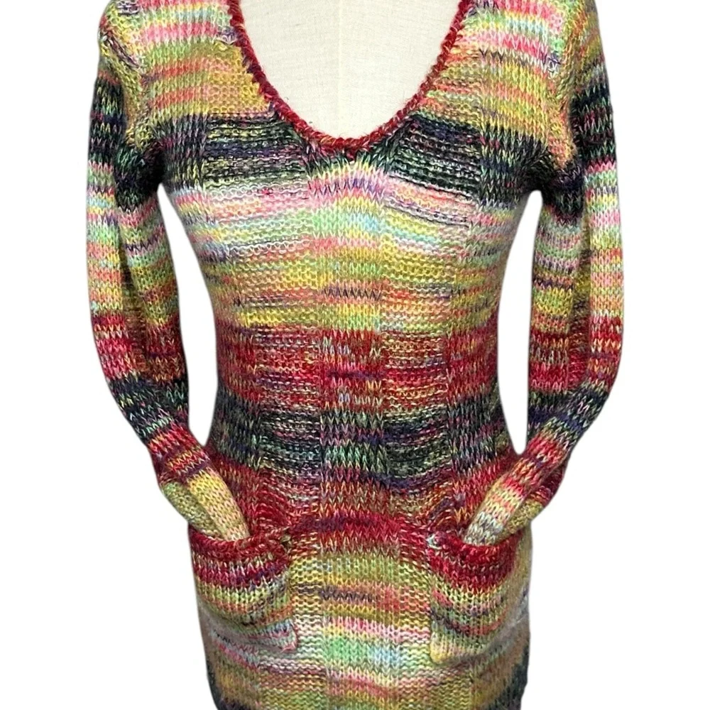 Vtg Y2K Rainbow Striped Tunic Sweater Sz S V Neck Hippie Indie Boho‎
